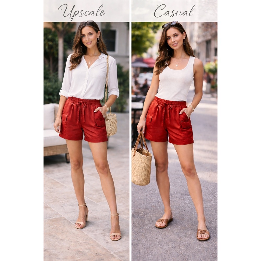 Zara Red Satin Cargo Shorts High Waist Summer Chic‎ Lightweight Size Small
